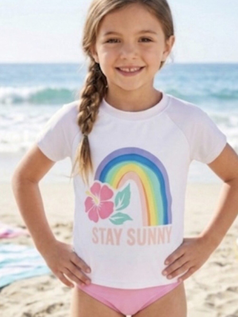 Cat & Jack Rainbow Flower "Stay Sunny" White short-sleeve Swim Shirt Rash Guard